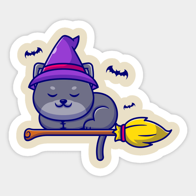 Cute Witch Cat Sleeping On Magic Broom Cartoon Sticker by Catalyst Labs